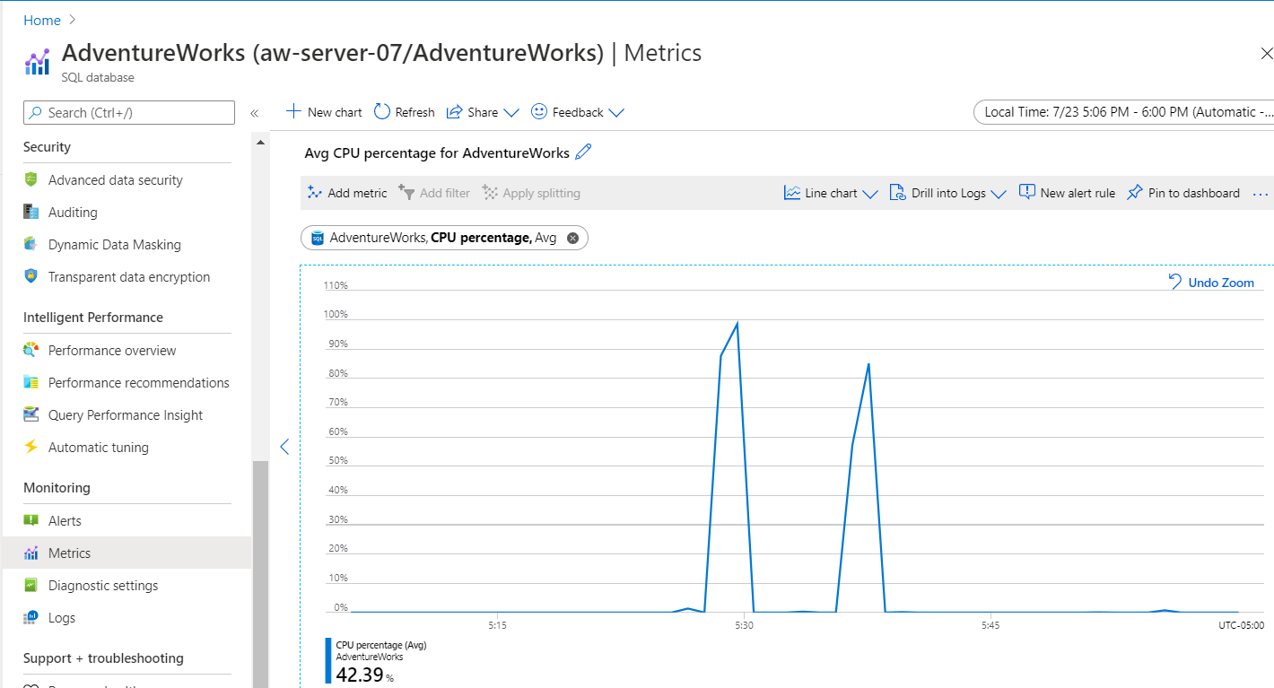 Screenshot of query comparison in the Azure portal.