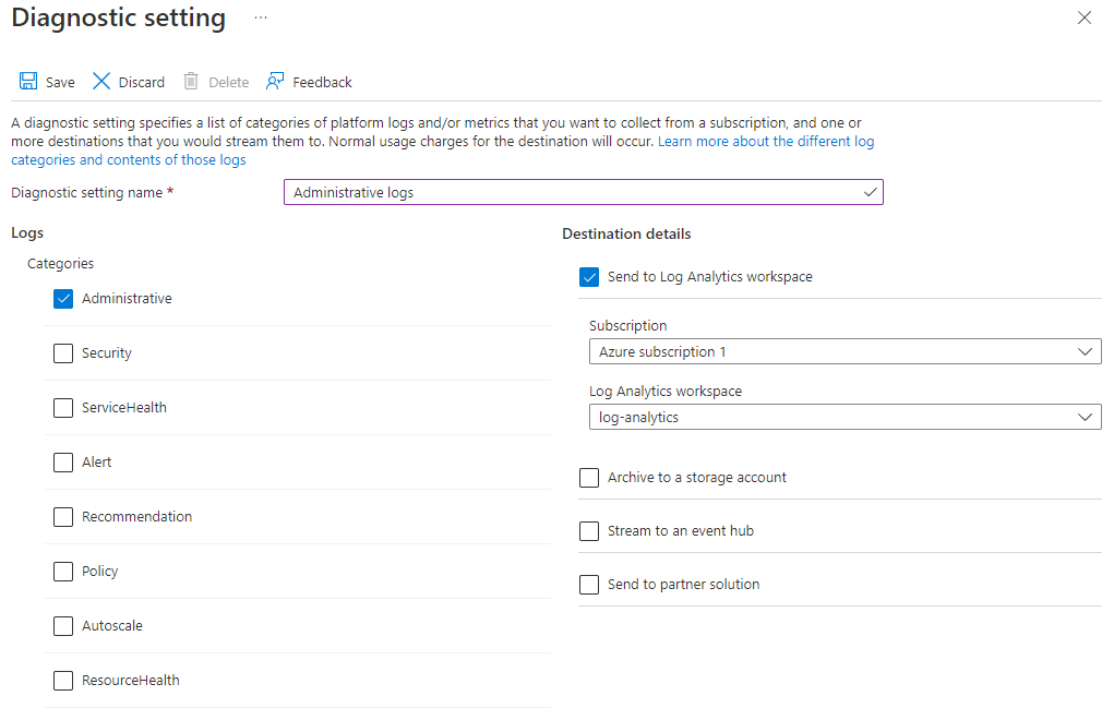 Screenshot that shows the Diagnostic settings creation pane and options selected.