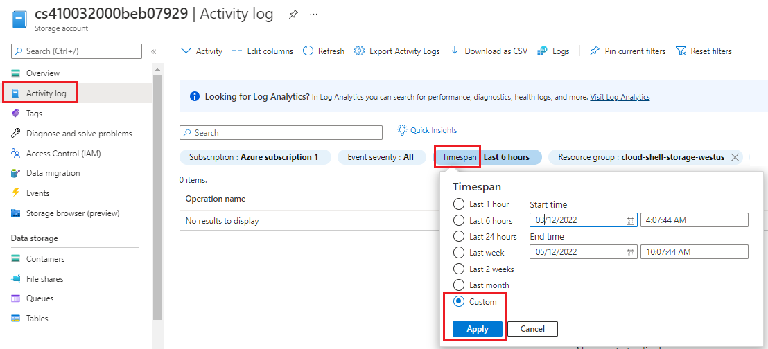 Screenshot that shows the storage account timespan setting.