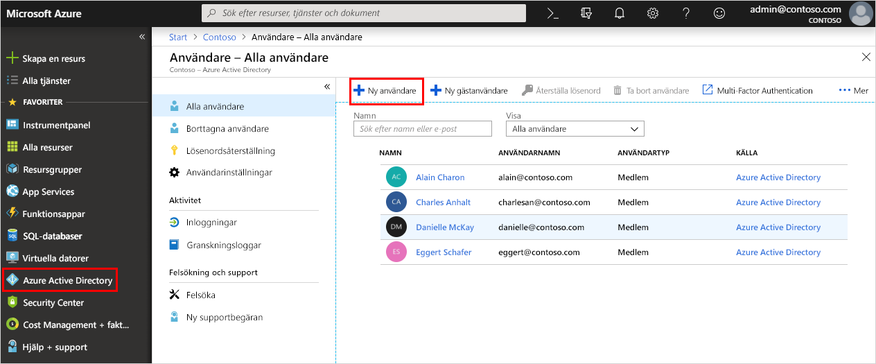 Screenshot showing the New User button highlighted in the Microsoft Entra admin center.