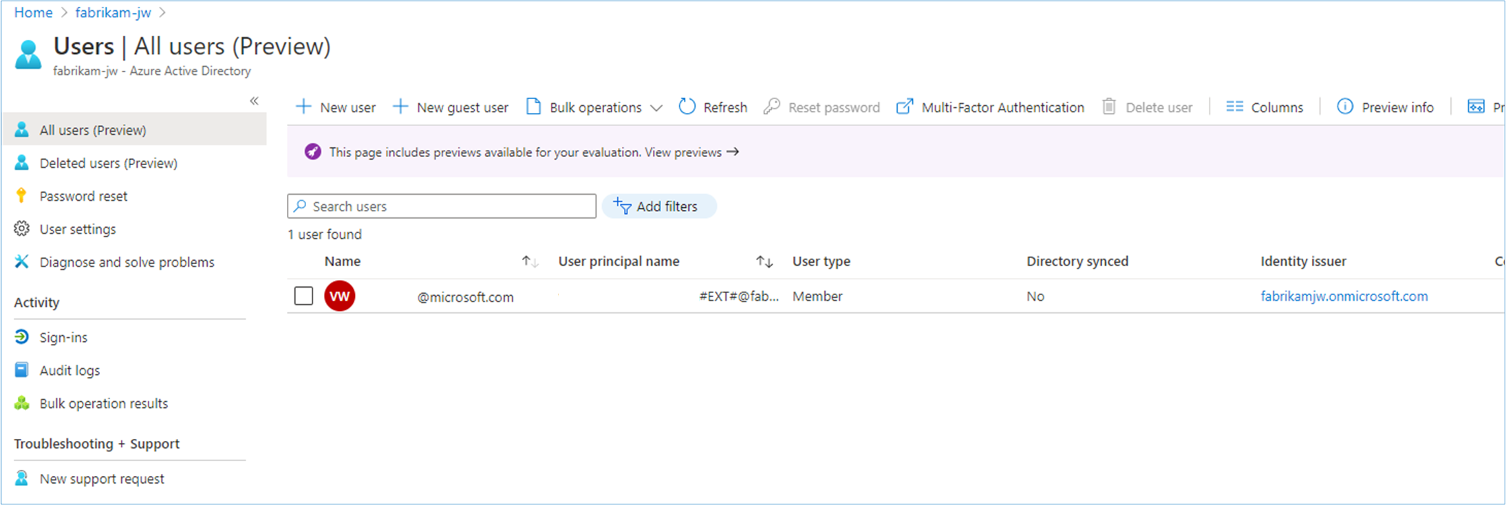 Screenshot that depicts the All users pane, with the User type and Identities columns noted.