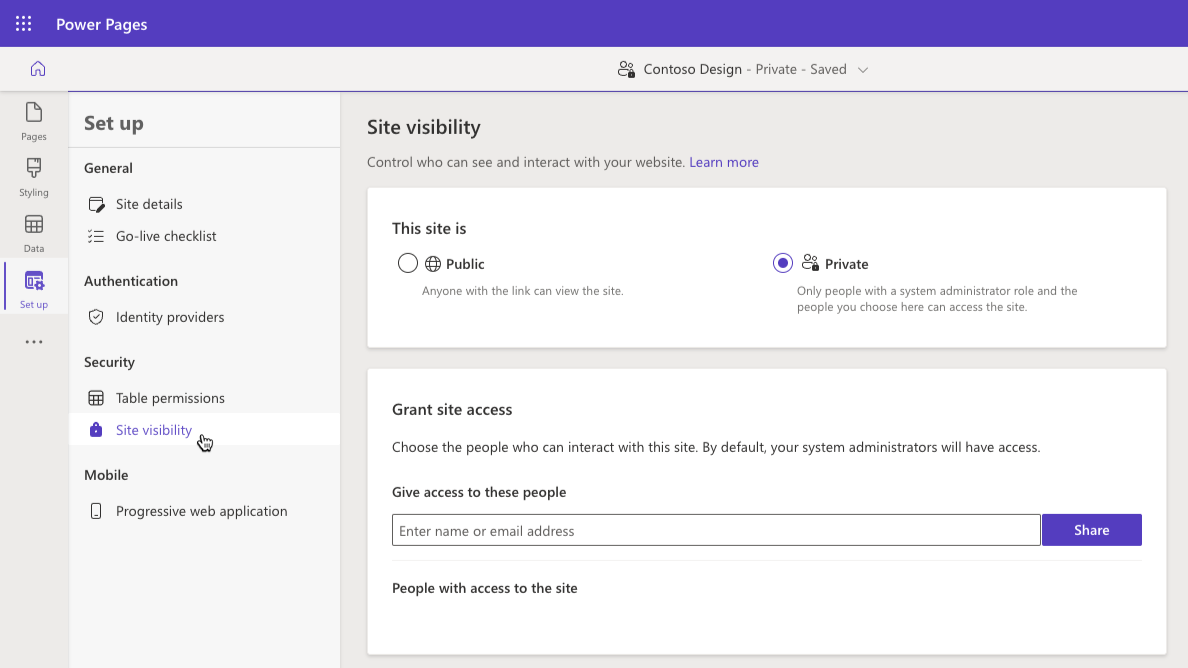 Screenshot of Power Pages site visibility configuration screen.