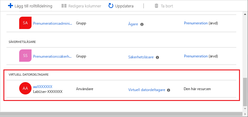 Screenshot that shows the Virtual Machine Contributor role assigned to a user.