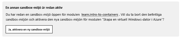 Meddelande om att en annan sandbox-miljö är aktiv, med en knapp för att aktivera en ny sandbox-miljö.