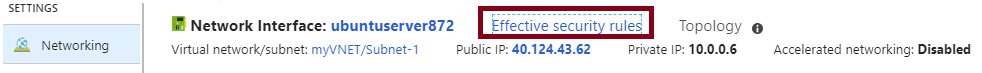 Skärmbild av sidan Nätverk i Azure-portalen som visar länken Gällande säkerhetsregler markerad.