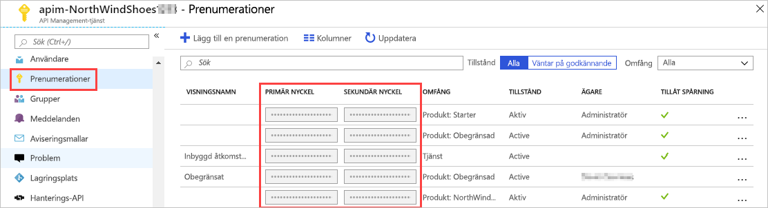 Bild som visar skärmen Prenumerationer.