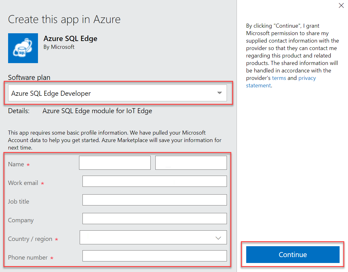 A modal form displays prompting for software plan and profile information. The Continue button is highlighted.