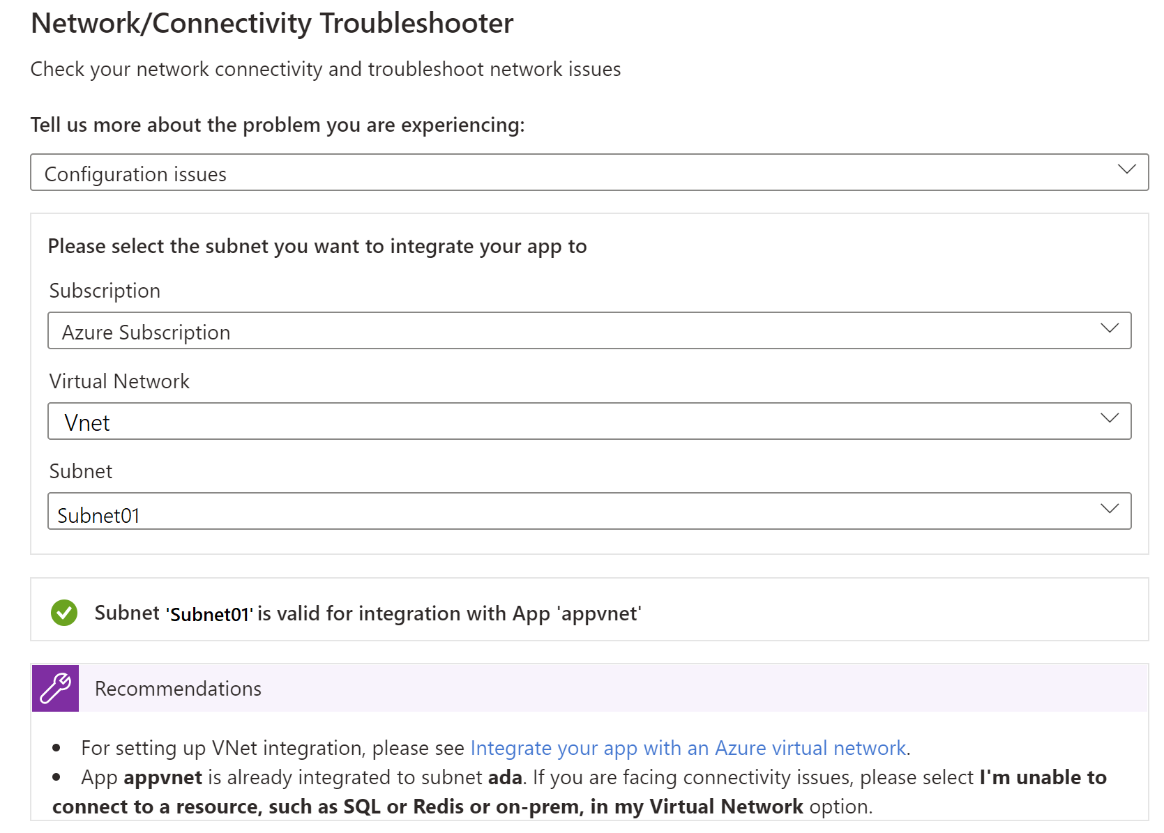 Skärmbild som visar hur du kör felsökaren för konfigurationsproblem i Azure Portal.