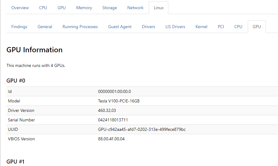 Skärmbild av fliken GPU under fliken Linux och informationen.