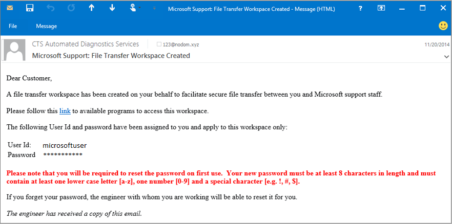 Skärmbild av exempelmeddelande från Microsoft Support。