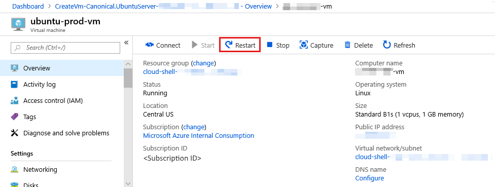 Skärmbild för att starta om en virtuell dator i Azure-portalen.