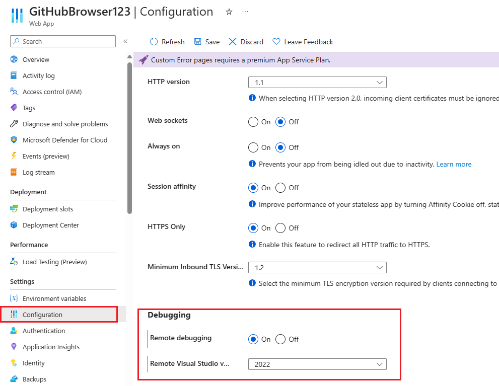 A screenshot of the Azure remote debugging settings.