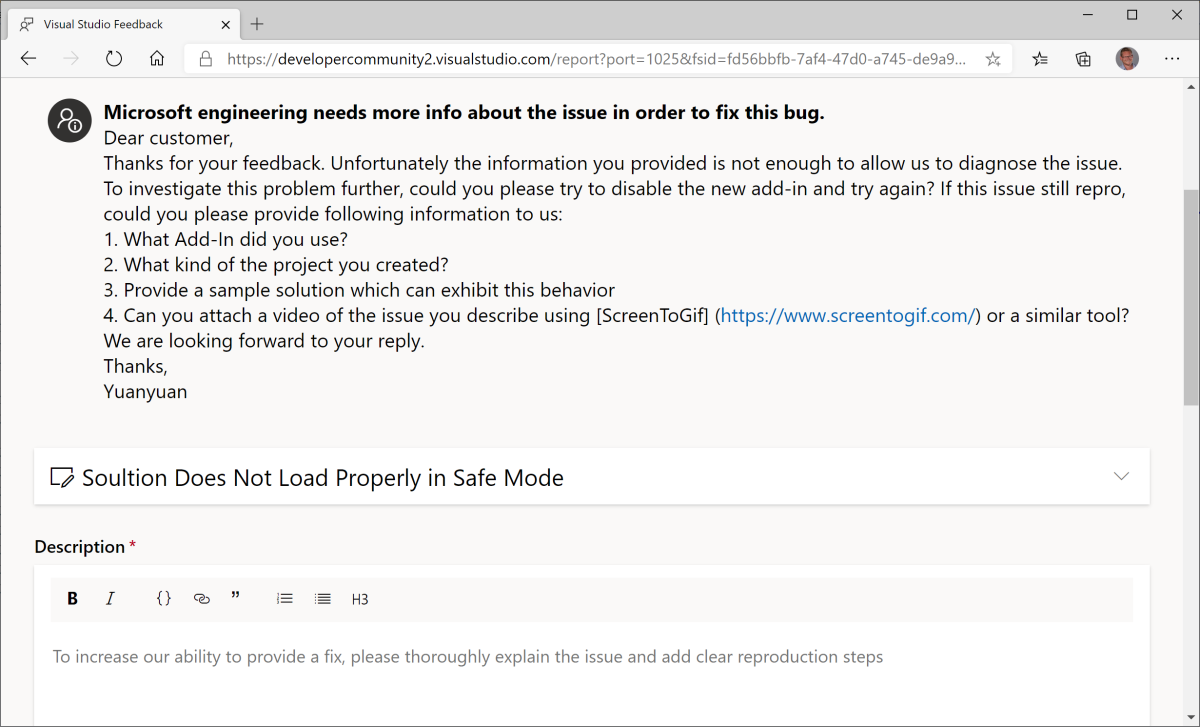 Screenshot of the Visual Studio Feedback window showing the information being requested by Microsoft for resolution of the issue.