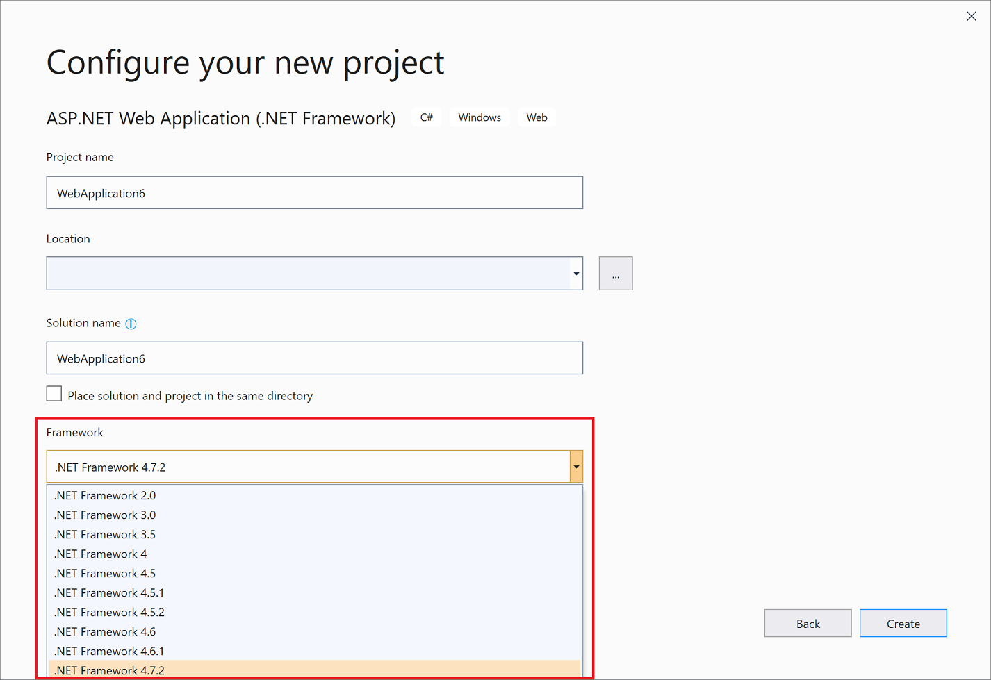 Screenshot of the Framework dropdown list in the Configure new project dialog in Visual Studio 2019.