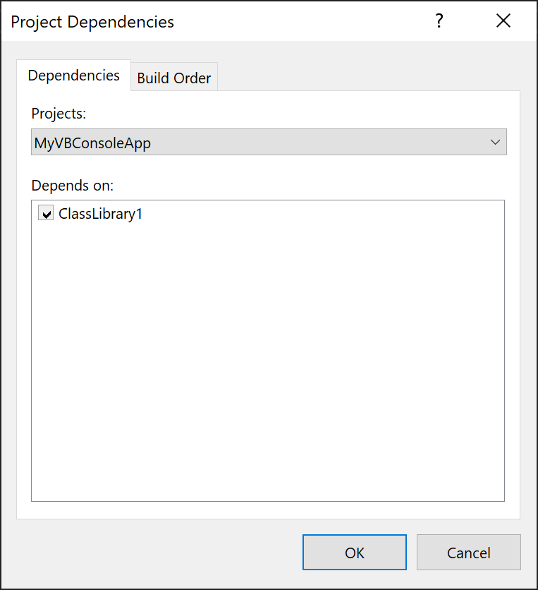Screenshot of the Project Dependencies dialog box.