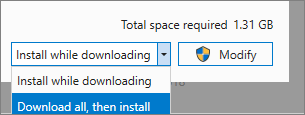 Screenshot of the download and install options in the Visual Studio Installer.