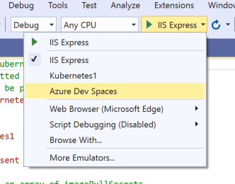 Selecting Azure Dev Spaces as debug launch target