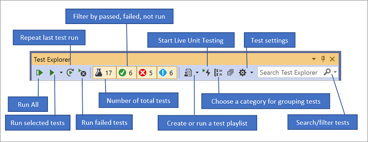 Run tests from the Test Explorer toolbar