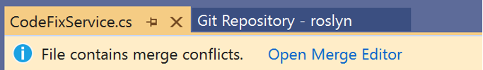 Screenshot of 'File contains merge conflicts' message in Visual Studio 