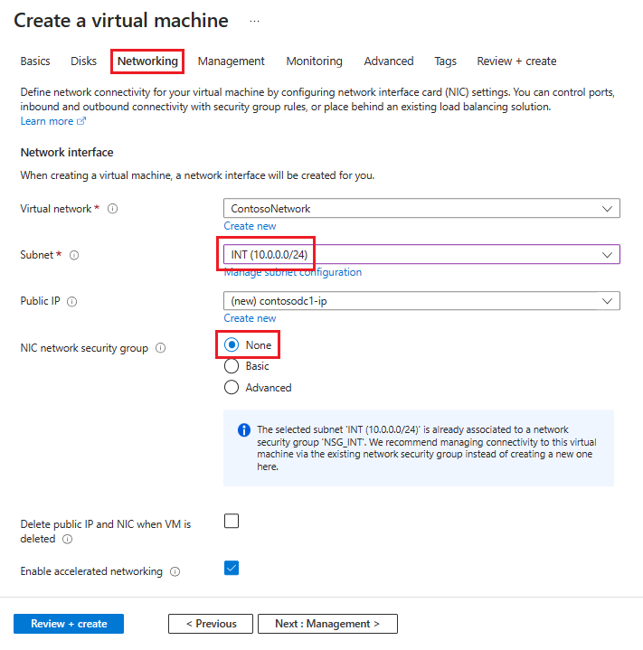 Screenshot showing the Networking tab for how to create a virtual machine.