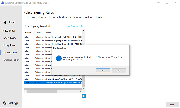 Removing file rule from policy during edit.