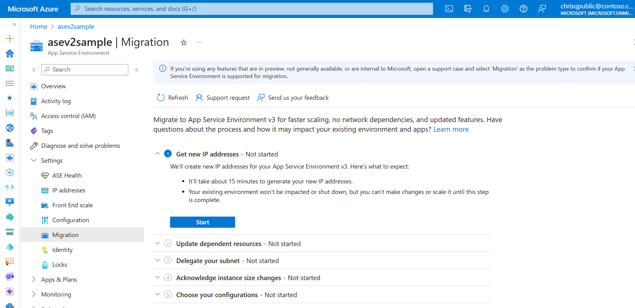 Screenshot that shows a sample migration page with unfinished steps in the process.