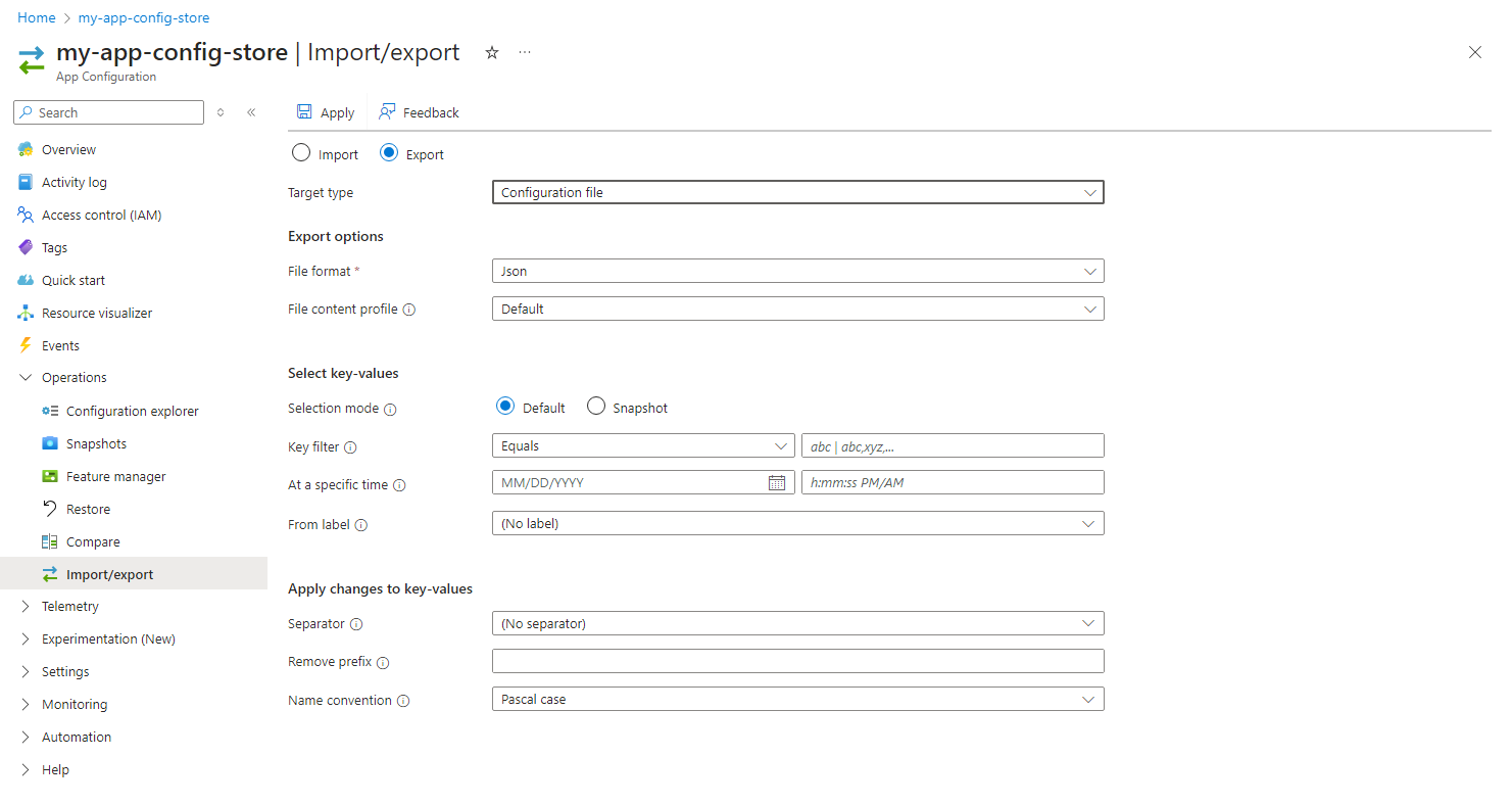 Screenshot of the Azure portal, exporting a file