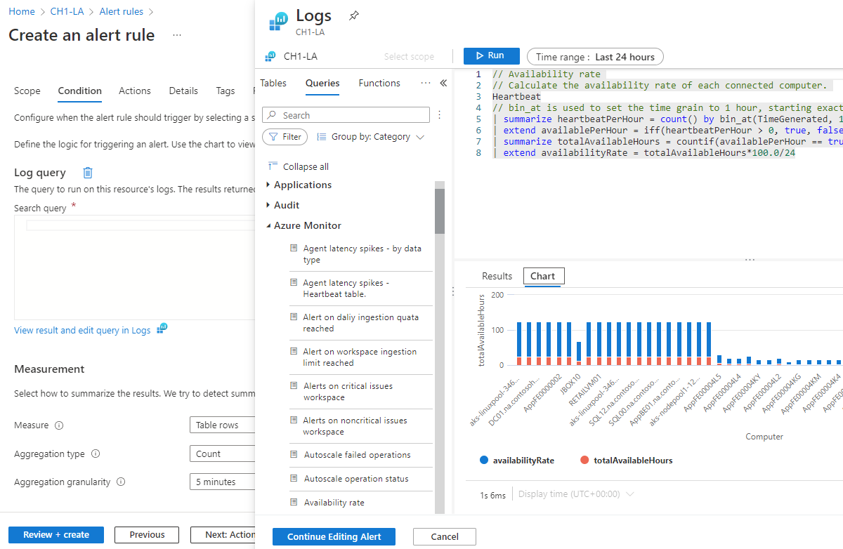 Screenshot that shows the query pane during the creation of a new log search alert rule.