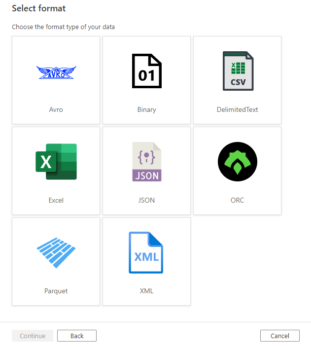 Shows the dataset format window allowing you to choose a format for the new dataset.