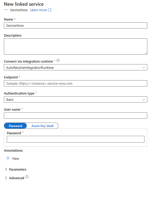 Screenshot of linked service configuration for ServiceNow.