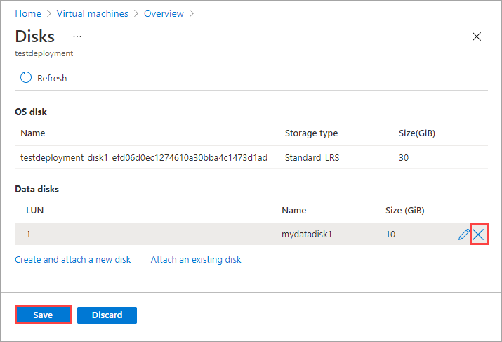 Screenshot of the Disks display for a virtual machine. The X icon for an unattached disk that can be detached, and the Save button, are highlighted.