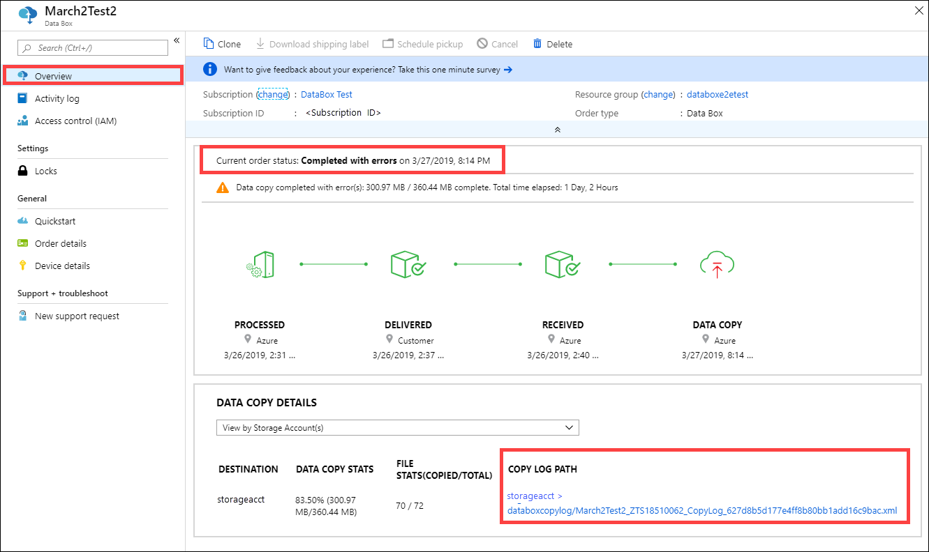 Path to copy log in Overview blade when completed with errors