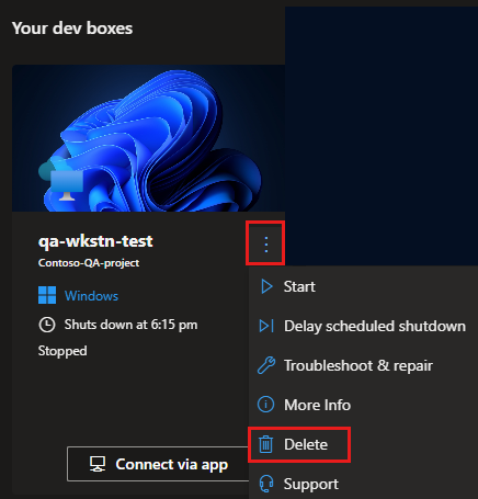 Screenshot of the dev box Actions menu with the Delete option.