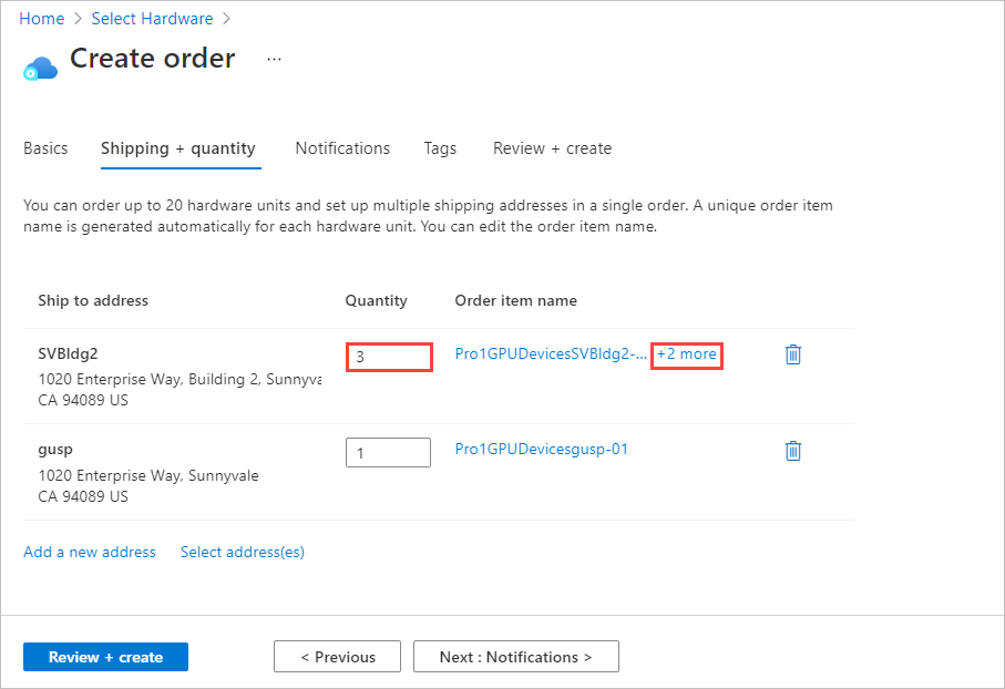 Screenshot showing the Shipping + quantity tab with a Quantity of more than one for an address