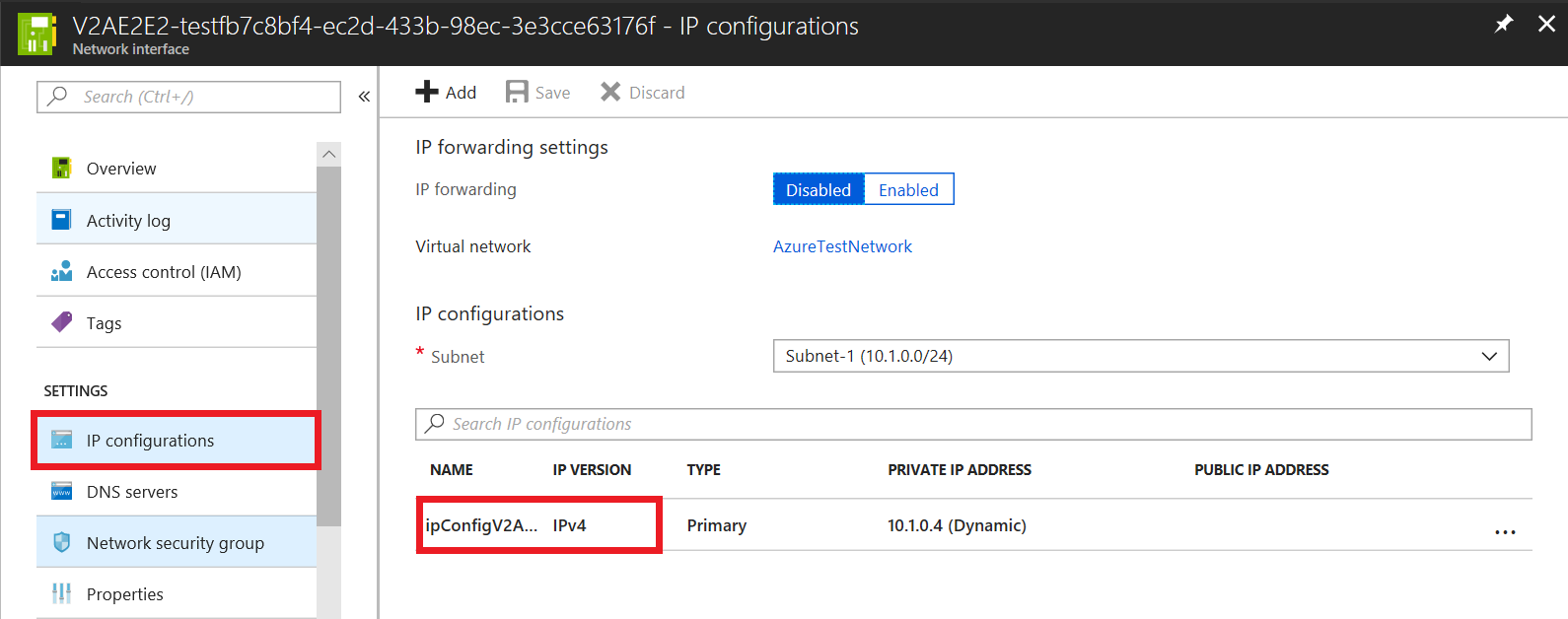 Screenshot shows the I P configurations page for the network interface with the I P configuration name selected.