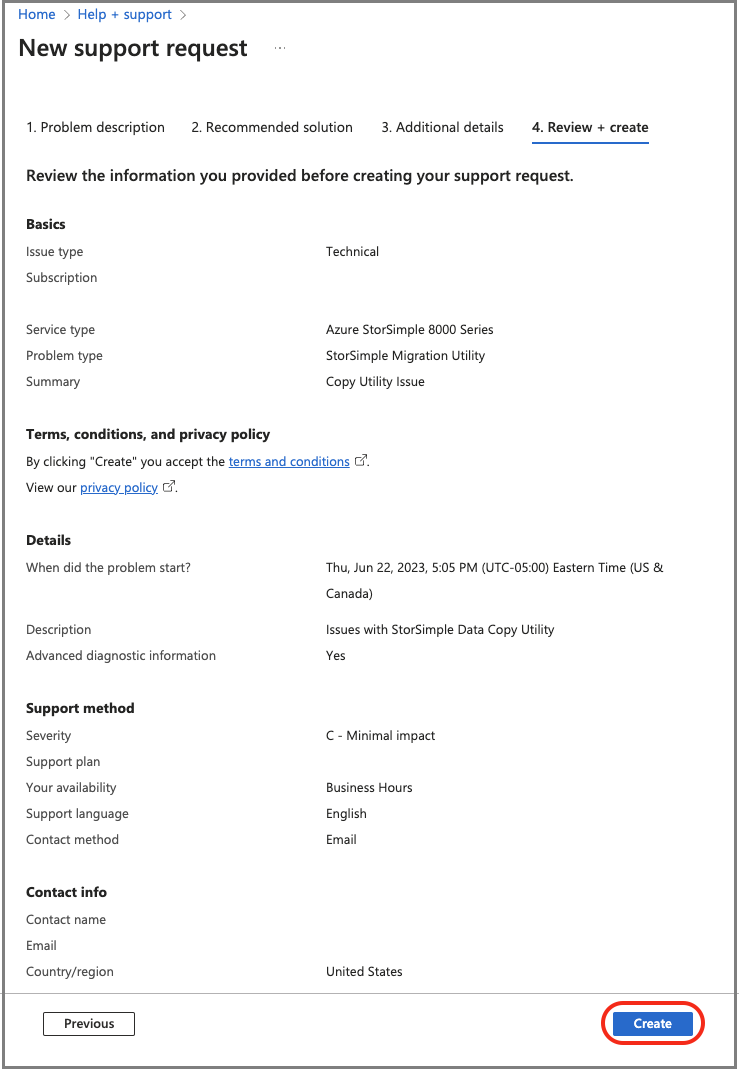 Screenshot of the Review and create support request page in Azure portal.