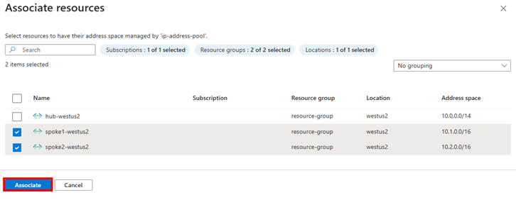 Screenshot of associate resources page with virtual networks selected.