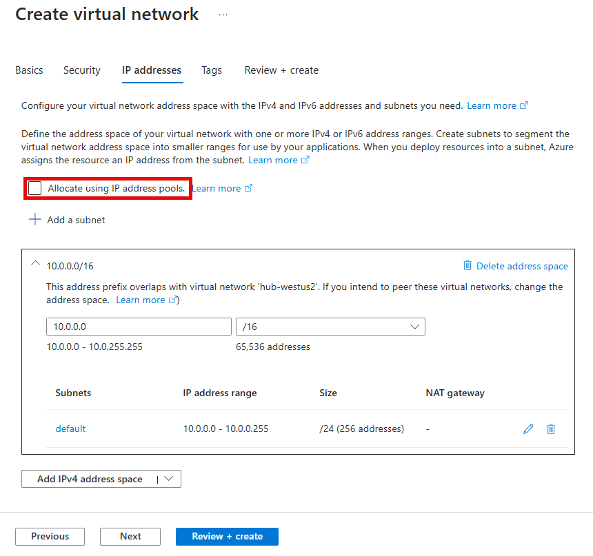 Screenshot of create virtual network window with Allocate using IP address setting.