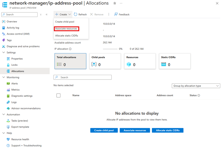 Screenshot of allocations page for associating resources.