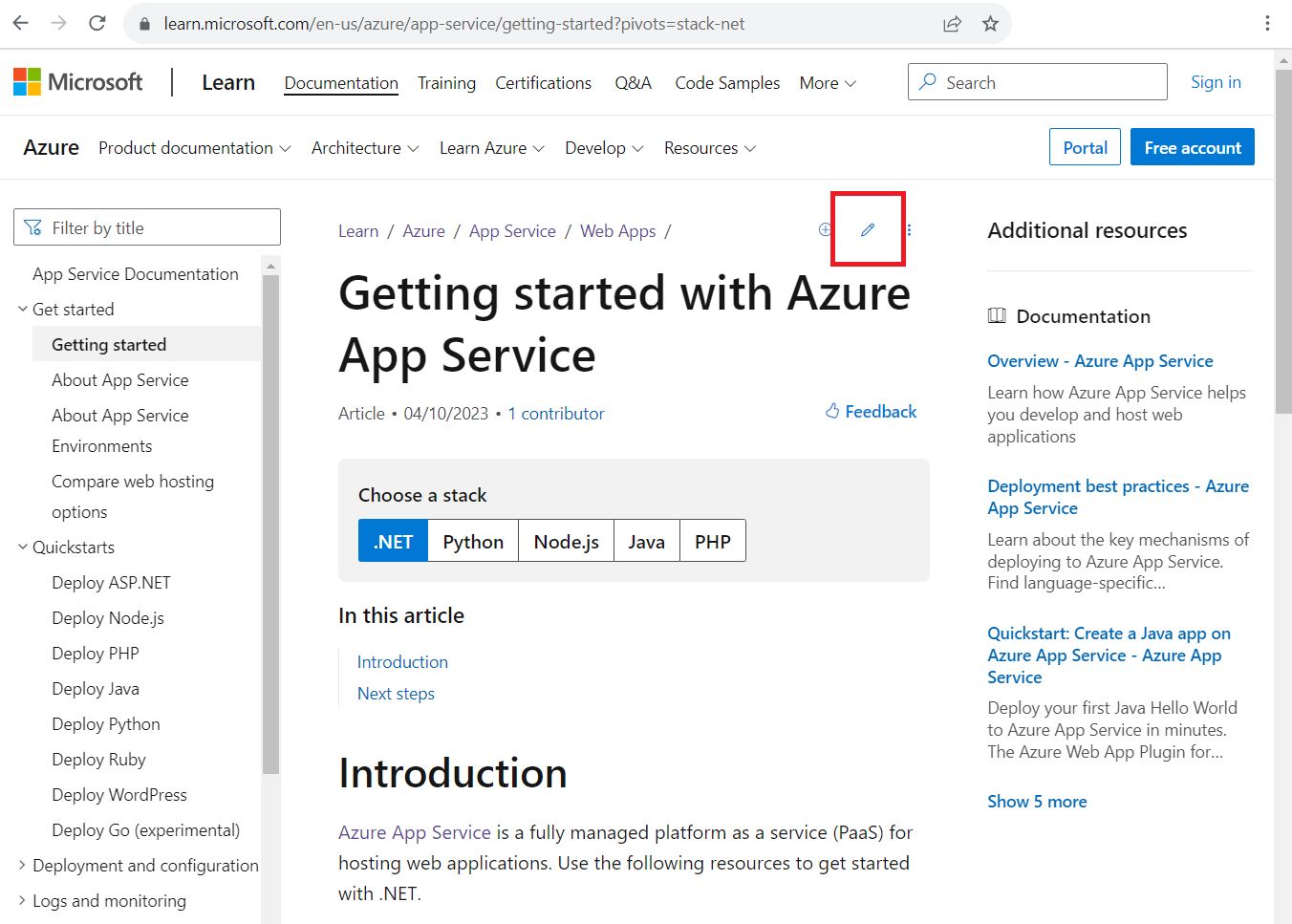 ภาพหน้าจอของบทความเอกสาร Azure ที่แสดงไอคอนดินสอ **แก้ไข**