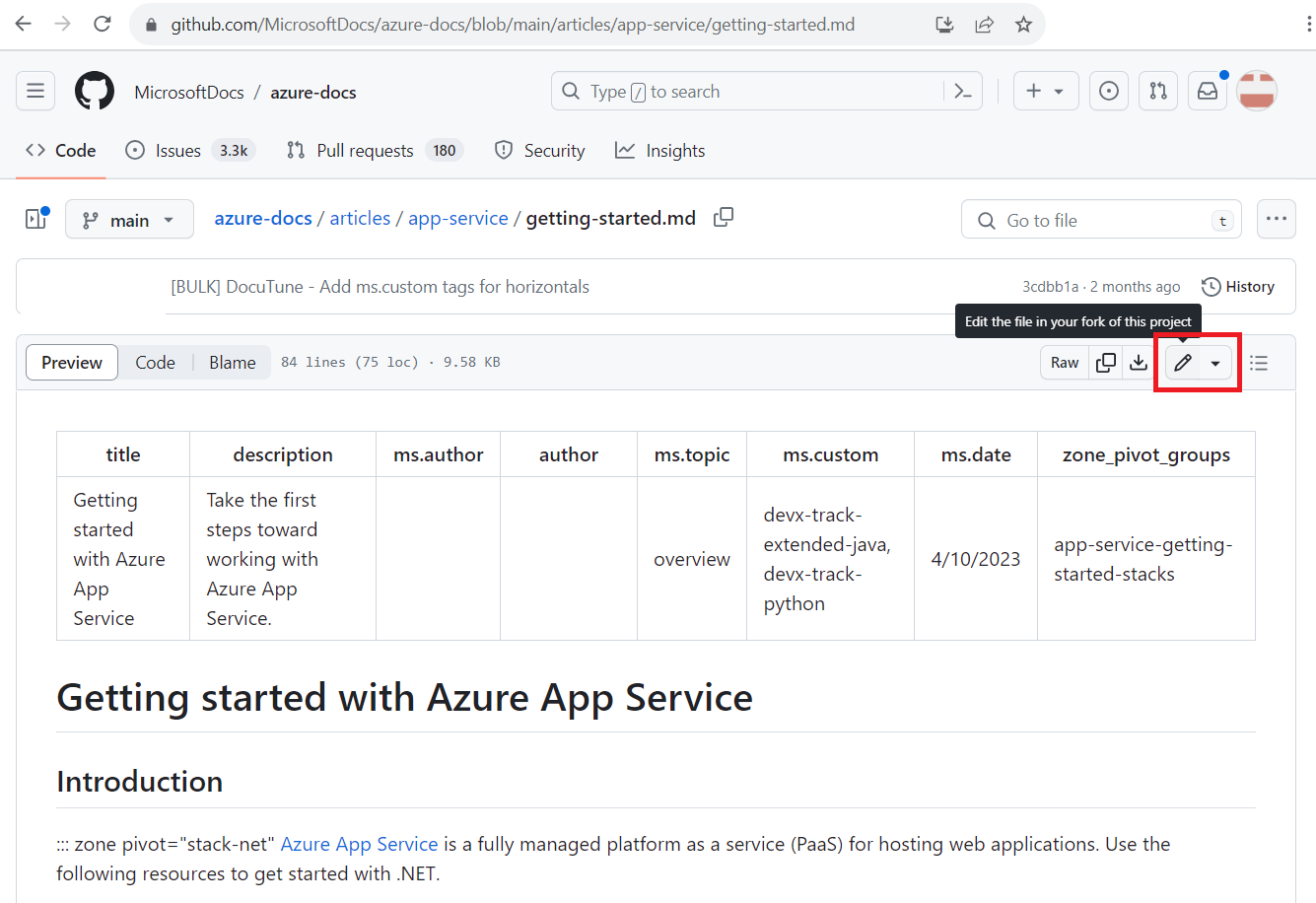 ภาพหน้าจอของบทความ Azure ภายใน GitHub ที่แสดงไอคอนดินสอ **แก้ไข**