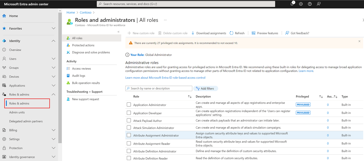 Roles and administrators page in Microsoft Entra ID.