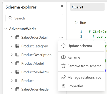 ภาพหน้าจอของตัวสํารวจ Schema ที่มีการเลือกจุดไข่ปลา ซึ่งแสดงตัวเลือกเมนูที่พร้อมใช้งาน