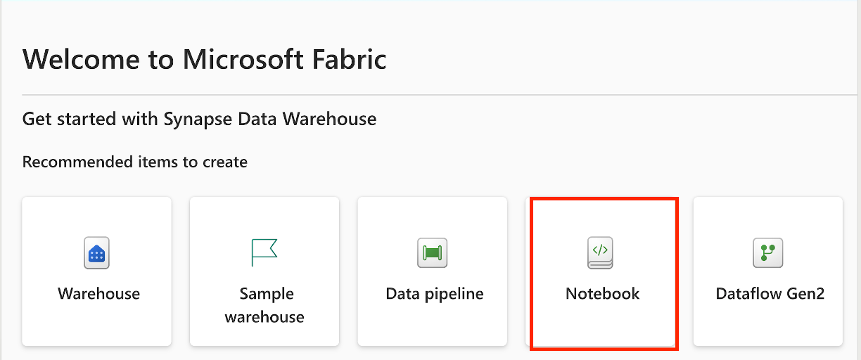 สกรีนช็อตของการสร้างรายการ t-sql notebook ในโฮมเพจ DW