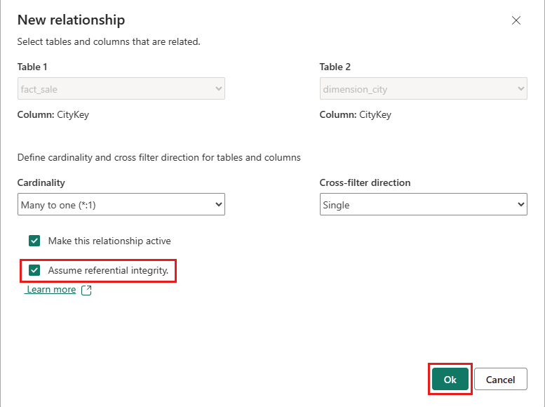 ภาพหน้าจอของกล่องโต้ตอบความสัมพันธ์ใหม่ ที่แสดงตําแหน่งที่จะเลือก ประมาณ referential integrity