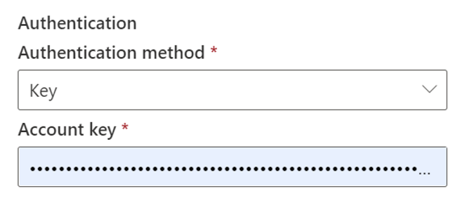 สกรีนช็อตที่แสดงวิธีการรับรองความถูกต้องคีย์สําหรับ Azure Data Lake Storage รุ่น2