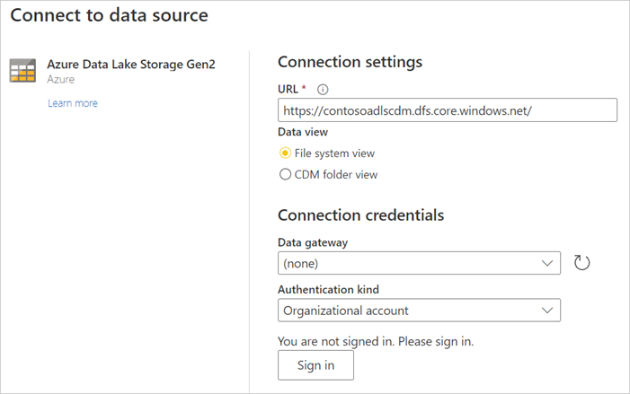 สกรีนช็อตที่แสดงหน้าเชื่อมต่อกับแหล่งข้อมูลของรายการ Fabric สําหรับ Azure Data Lake Storage รุ่น2 ของรายการ Fabric พร้อมด้วย URL ที่ป้อน