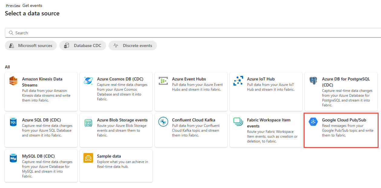 สกรีนช็อตที่แสดงการเลือกหน้าแหล่งข้อมูลพร้อม Google Cloud Pub/Sub ที่เลือก