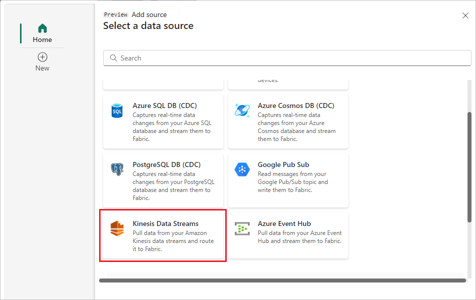 สกรีนช็อตของการเลือก Kinesis Data Streams