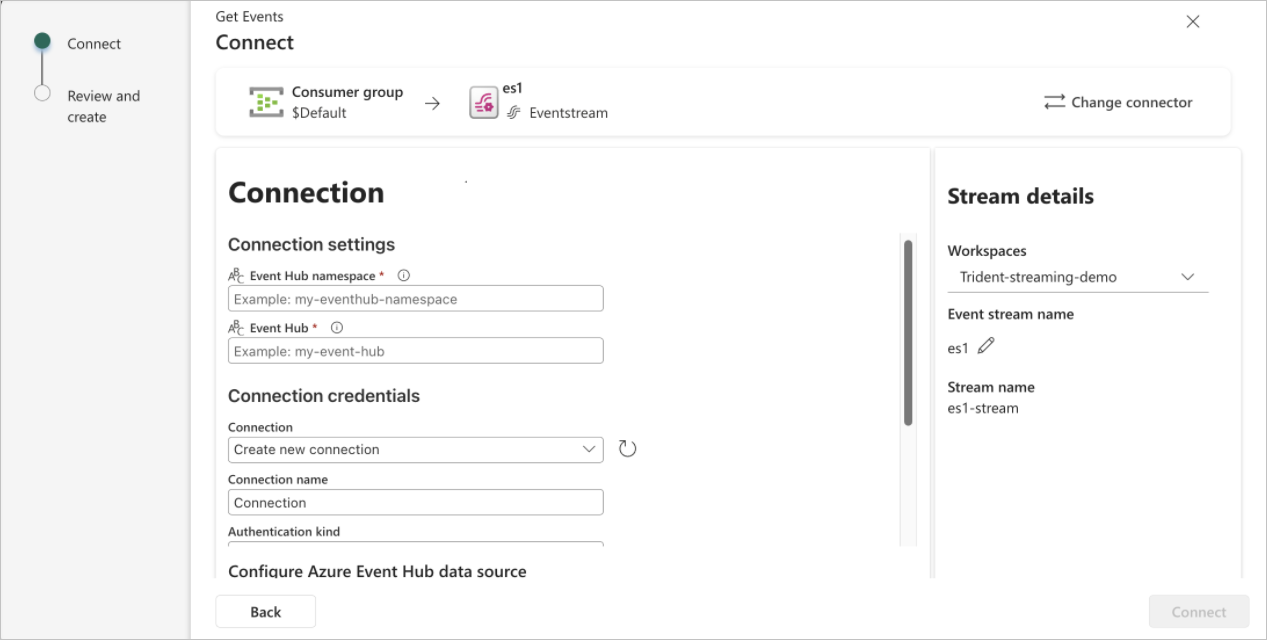 สกรีนช็อตของการเชื่อมต่อกับ Event Hub